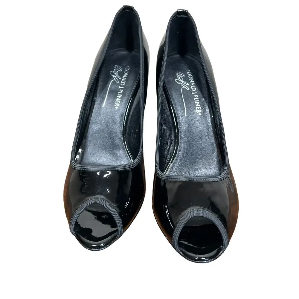 Donald J Pliner Heels Black Patent Leather Slip On Peep Toe Pump Shoe size 9M